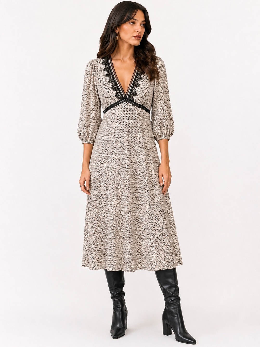 MAX STUDIO LONDON Printed White and Black Lace Trim Maxi Dress